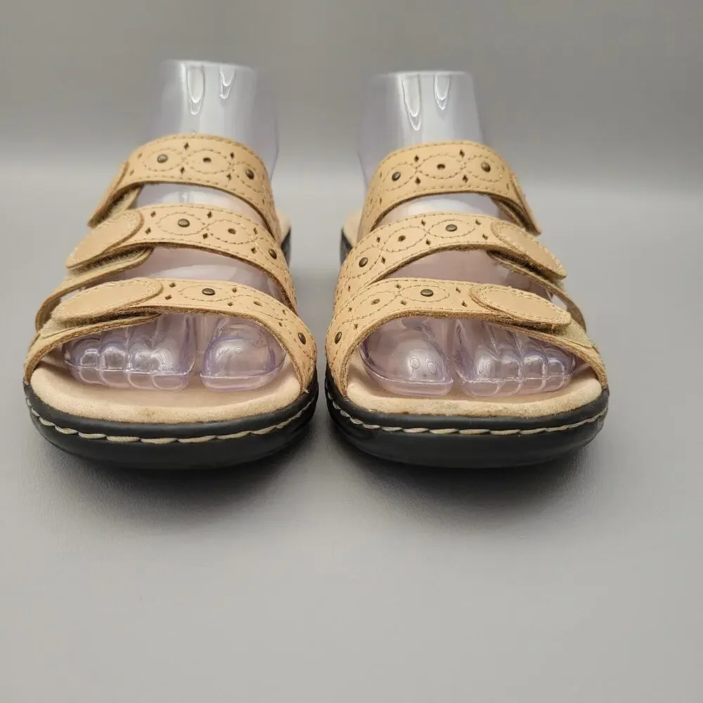 Clarks Collection Womens Leisa Slide Sandals Adjustable Three Strap Beige 8